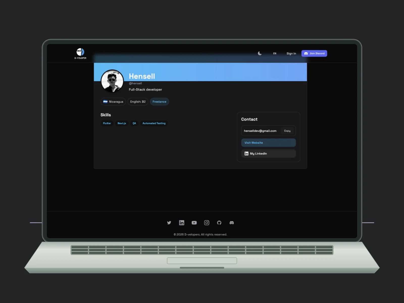 Public profile · experience, skills, and contact.