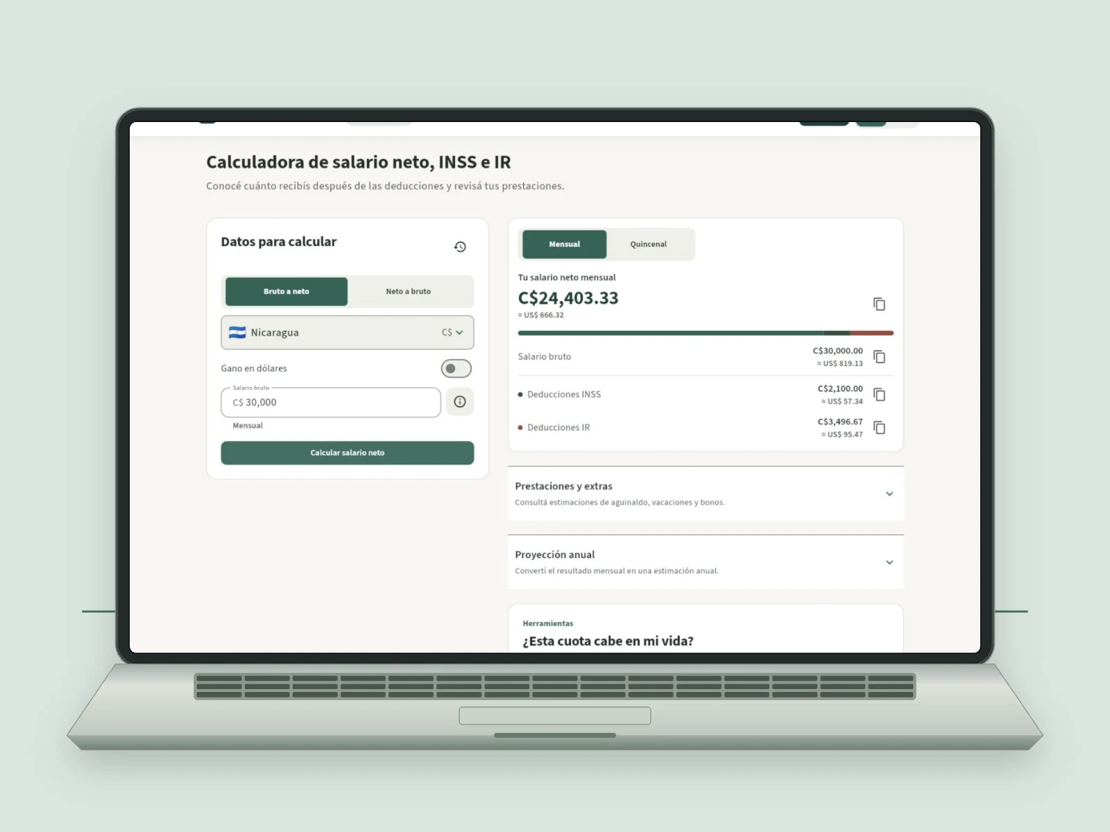 Salario neto · ingresos y deducciones desglosados.